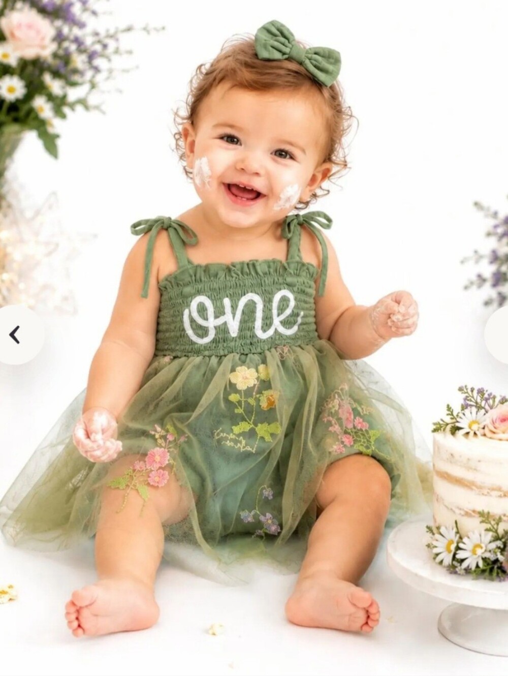 Sage Green 1st Birthday One Mesh Floral Embroidered Fairy Romper Dress 9m - 12m